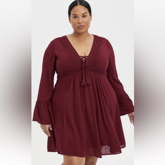 torrid Dresses & Skirts - Torrid Lace Up Crinkle Gauze Flowy Long Sleeve Mini Skater Dress Burgundy